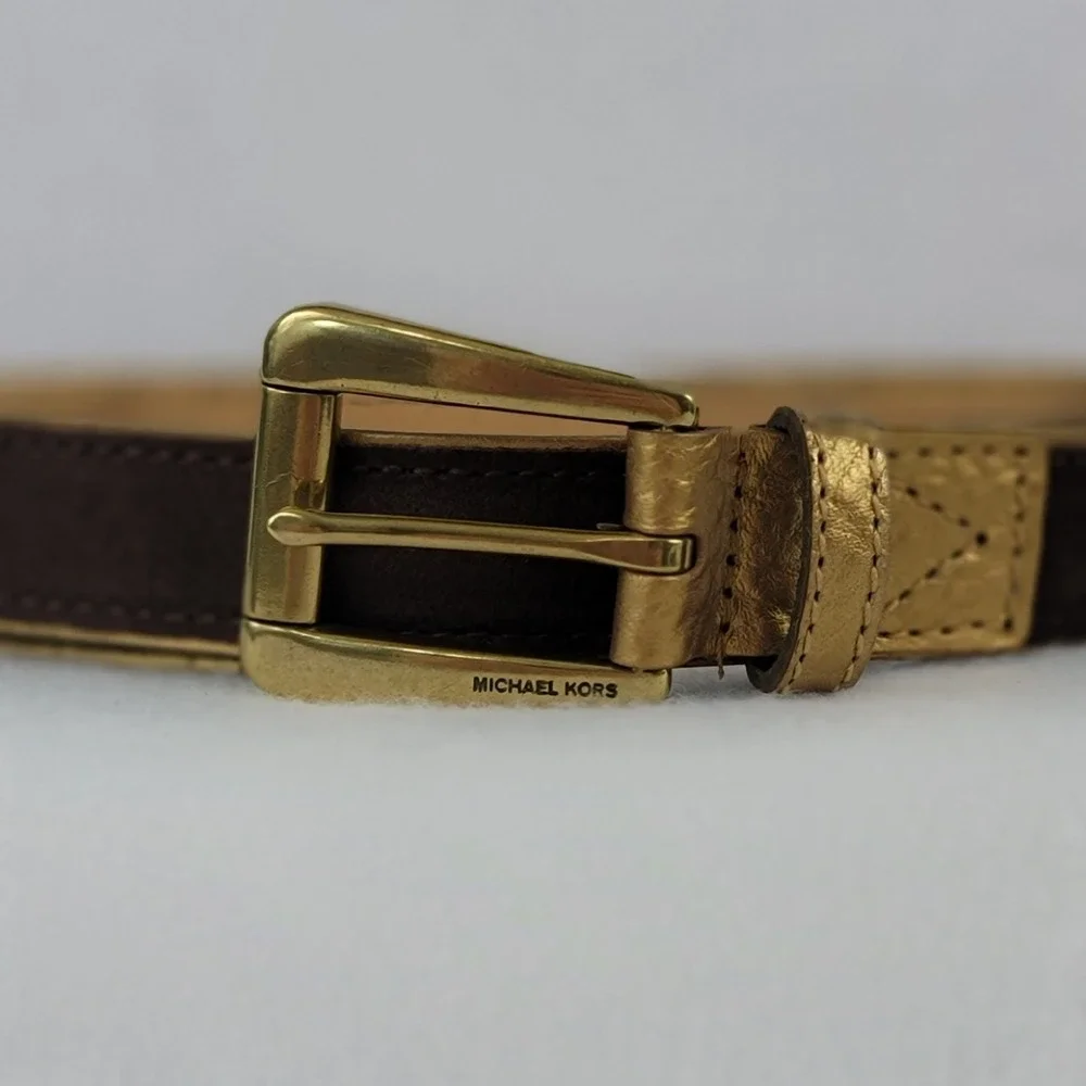 Michael Kors Womens Medium Brown Suede Gold Metallic Leather Belt Vintage 2002